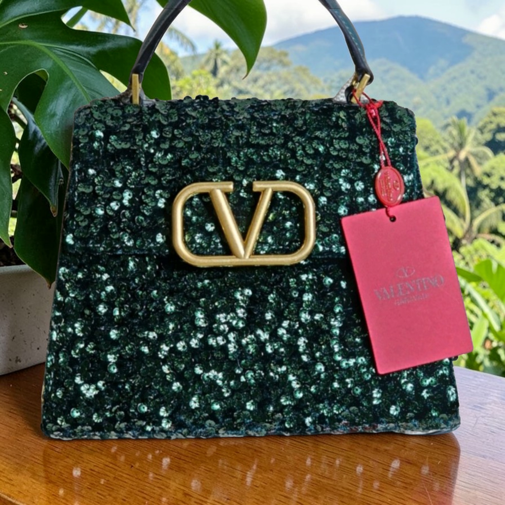Valentino Garavani Green Sequin & Leather Crossbody Bag NFC Chip Enabled