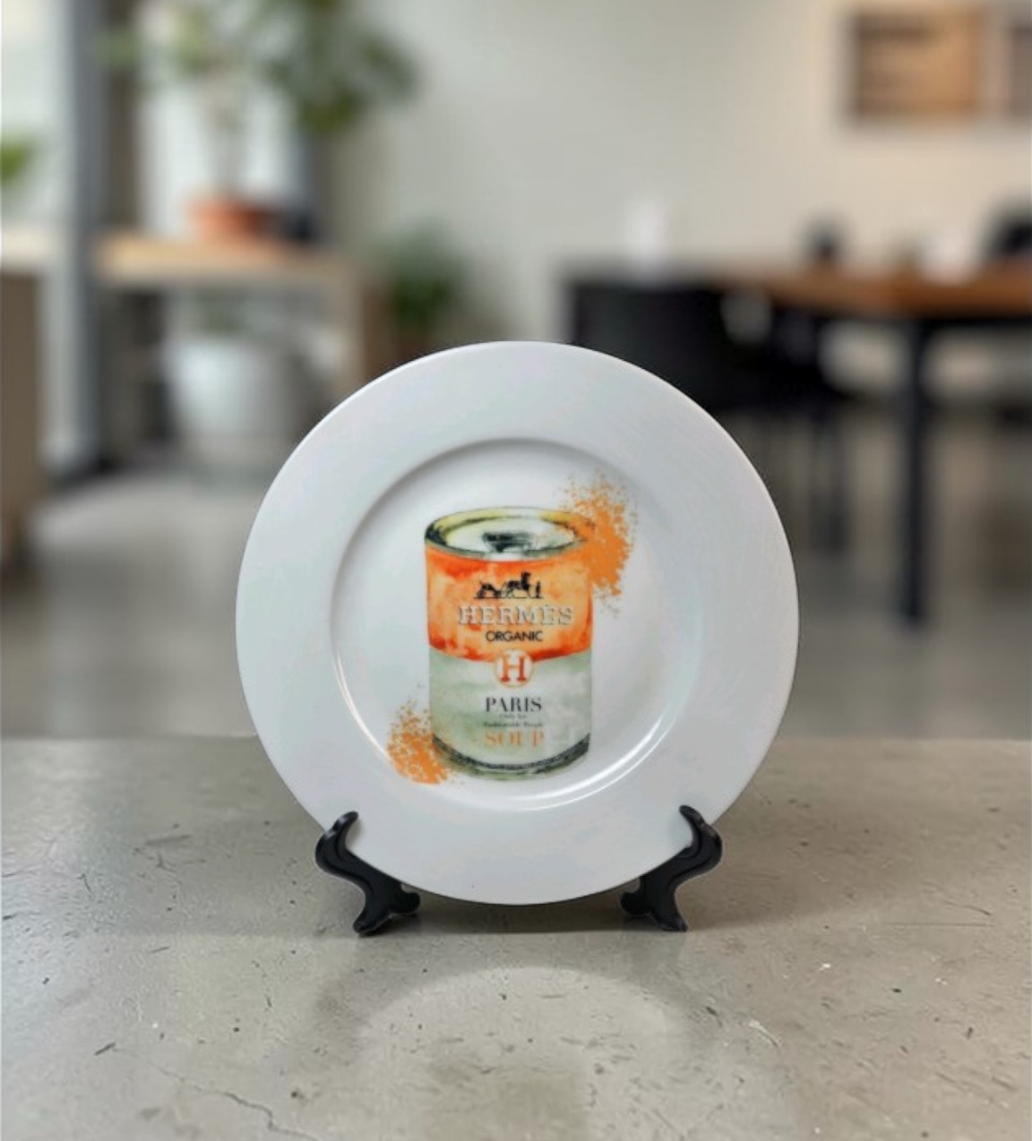 Custom Hermès Hand-Painted Plate with display stand