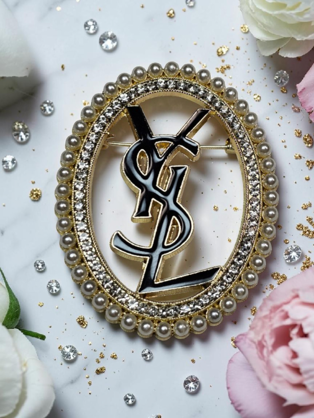 Gold and Black Logo Charm Brooch