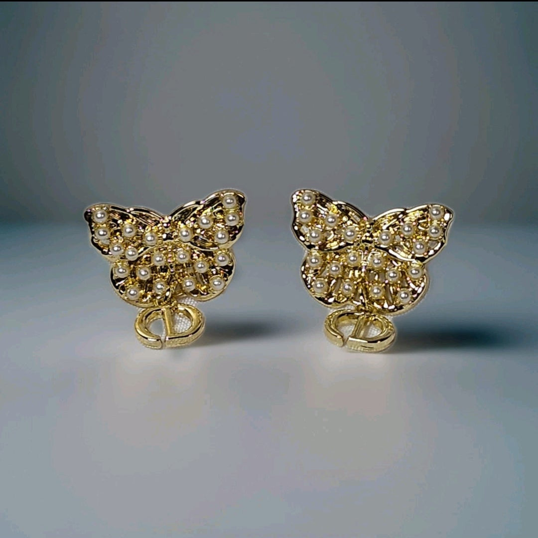Dior Gold Butterfly logo Charm dangle earrings