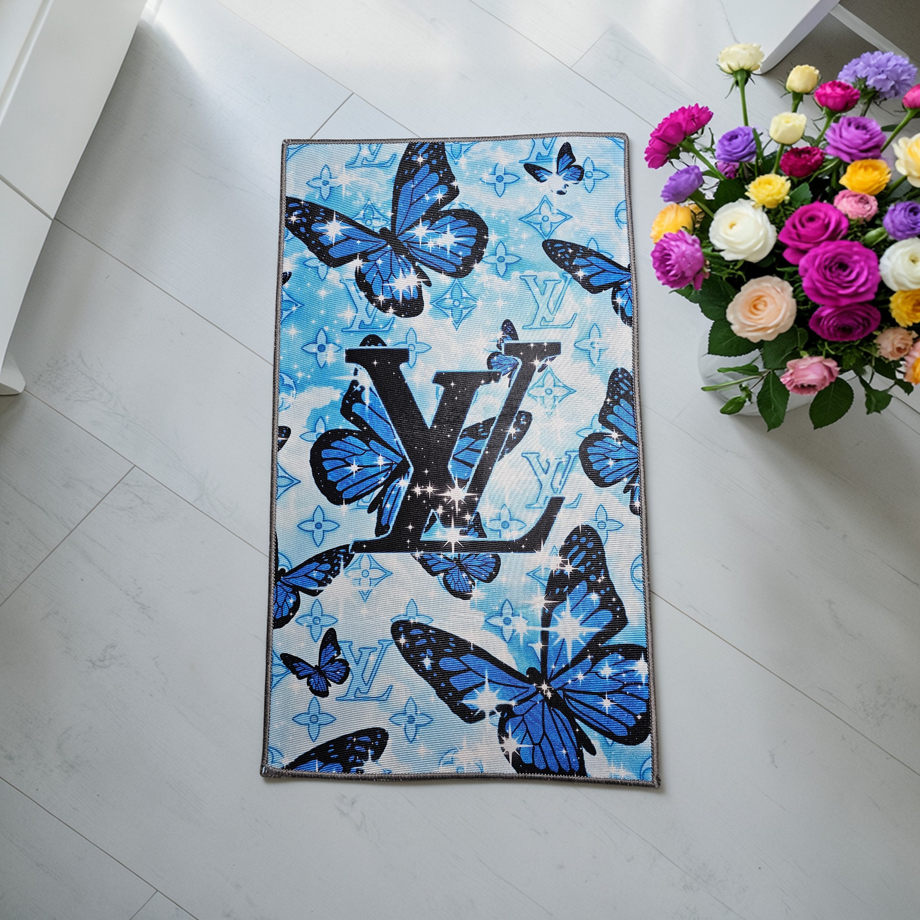 Custom Louis Vuitton Logo Blue Butterfly Monogram Floor rug