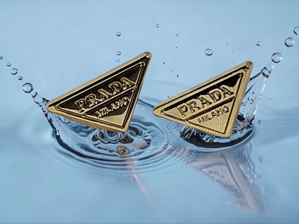 Gold Prada Triangle Charm Logo Stud Earrings