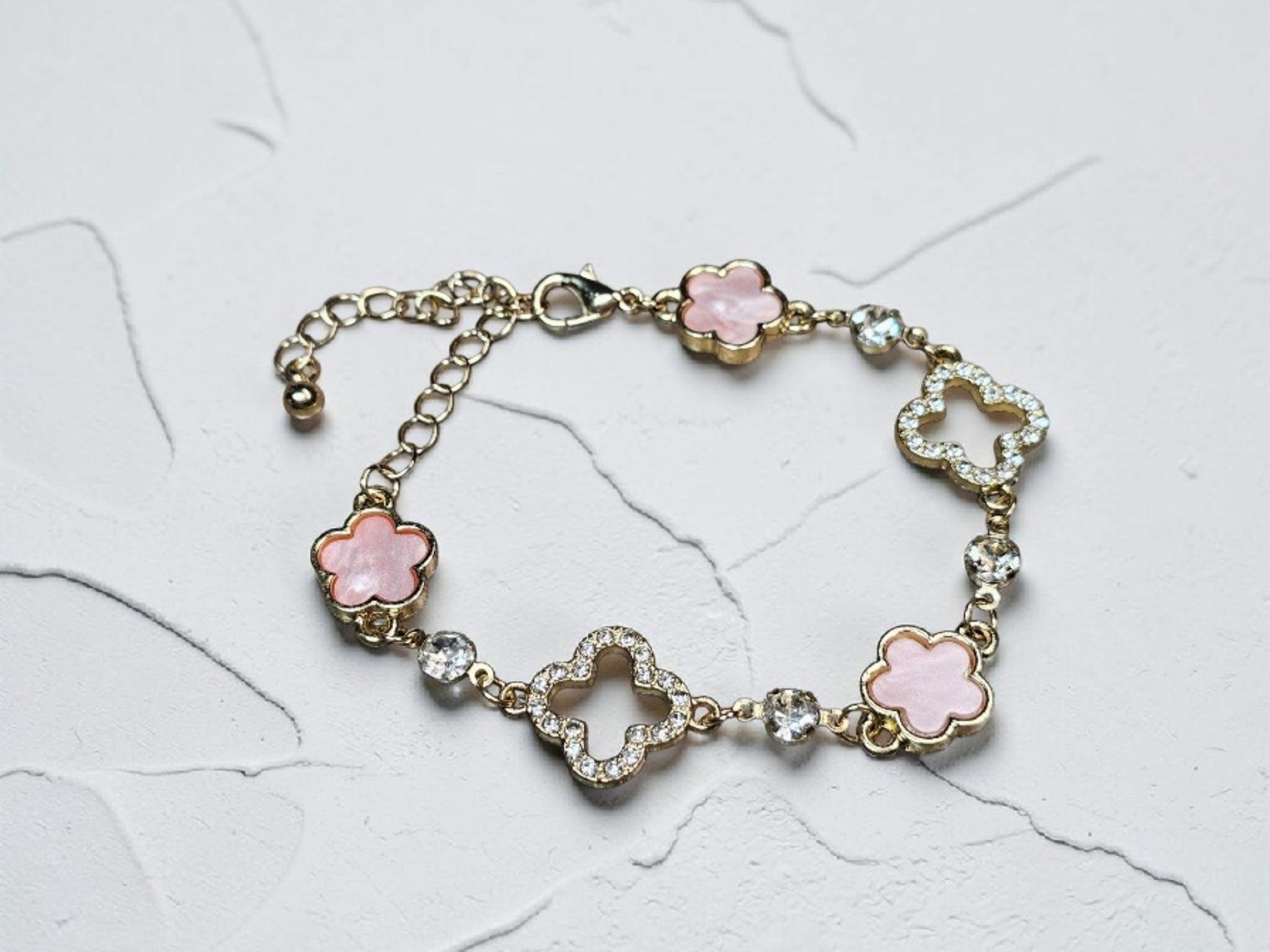 Clover Charm Pink and White Gemstone Bracelet