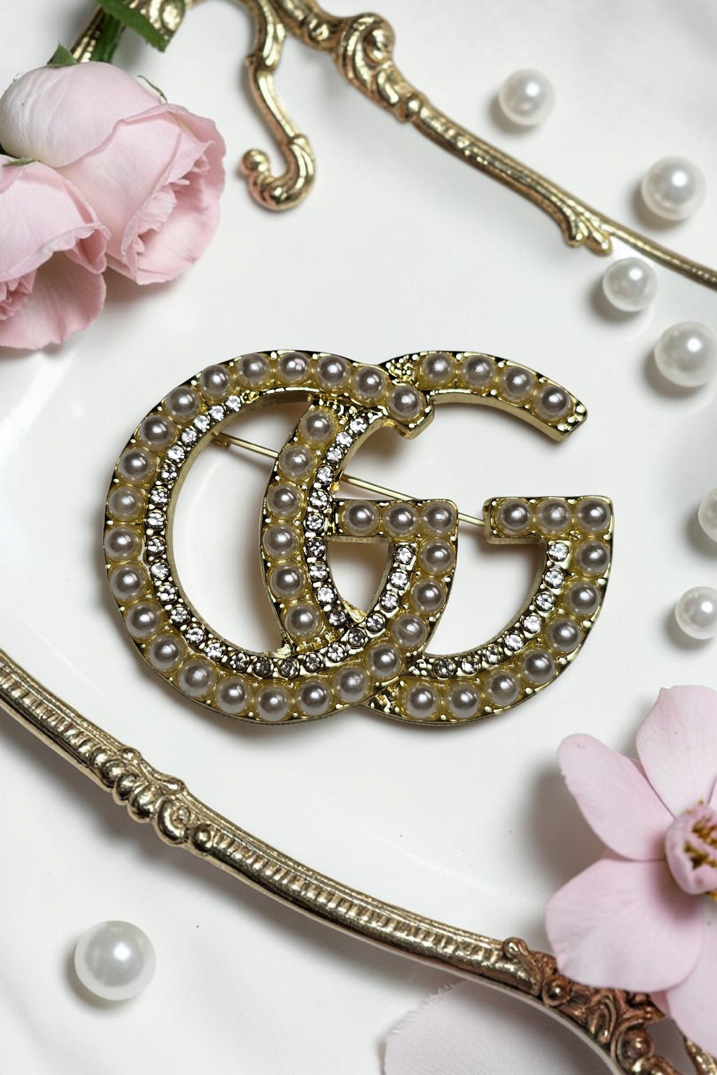 Gold GG Charm Pearlescent Pin Brooch