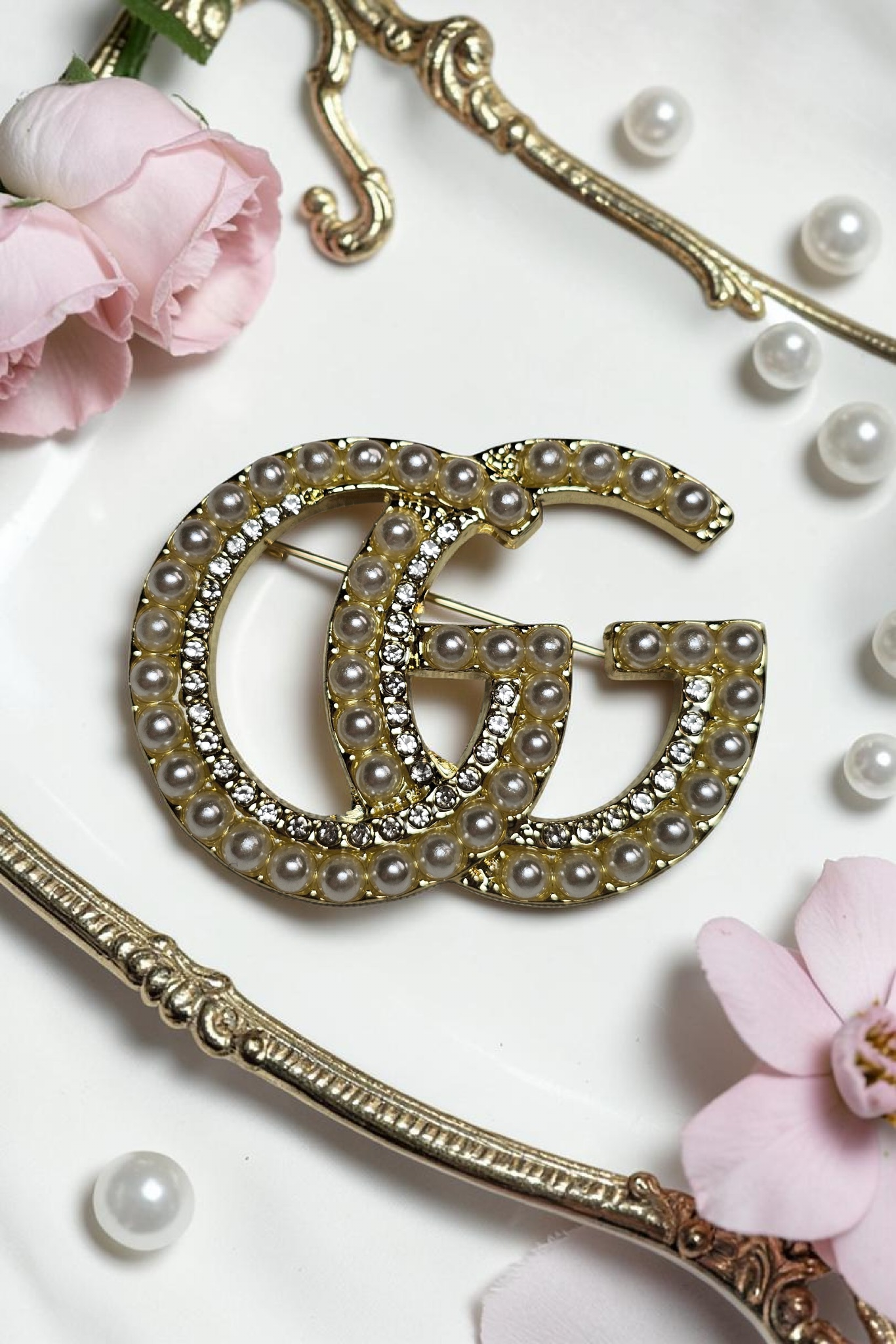Gold GG Charm Pearlescent Pin Brooch
