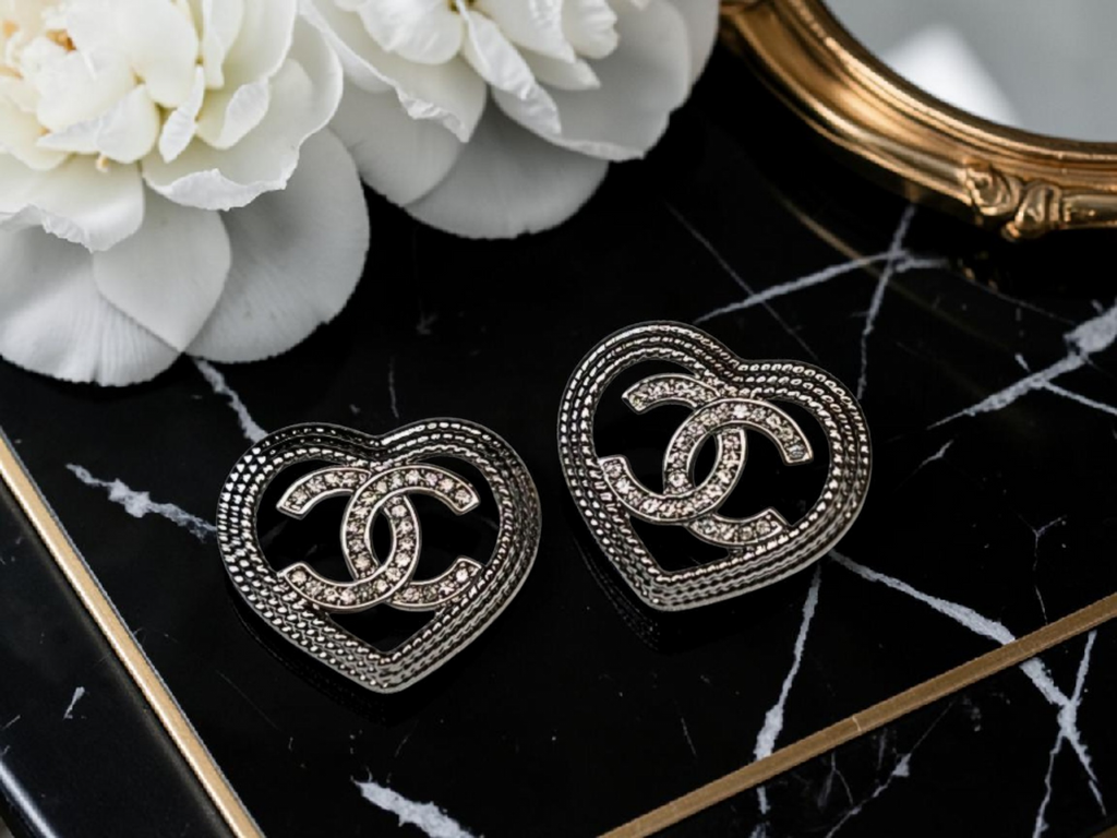 CC Logo charm Silver Heart Stud Earrings Pierced Ears
