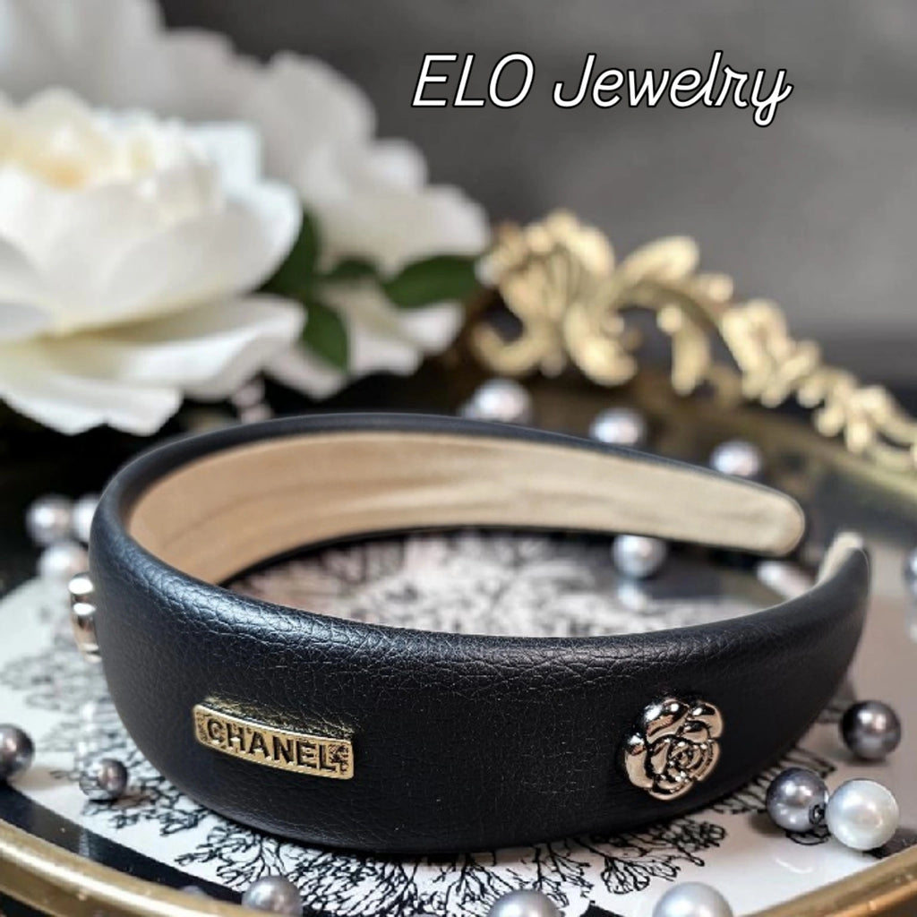 Camellia Charm Black  Leather Headband Summer