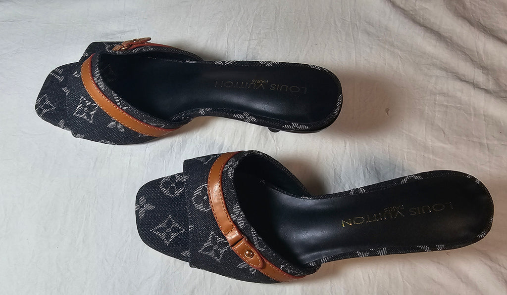 L Logo Black Denim Kitten Heels Slides