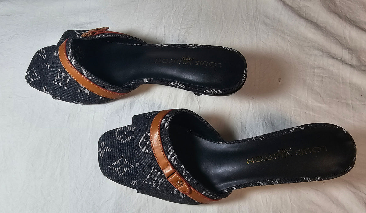L Logo Black Denim Kitten Heels Slides