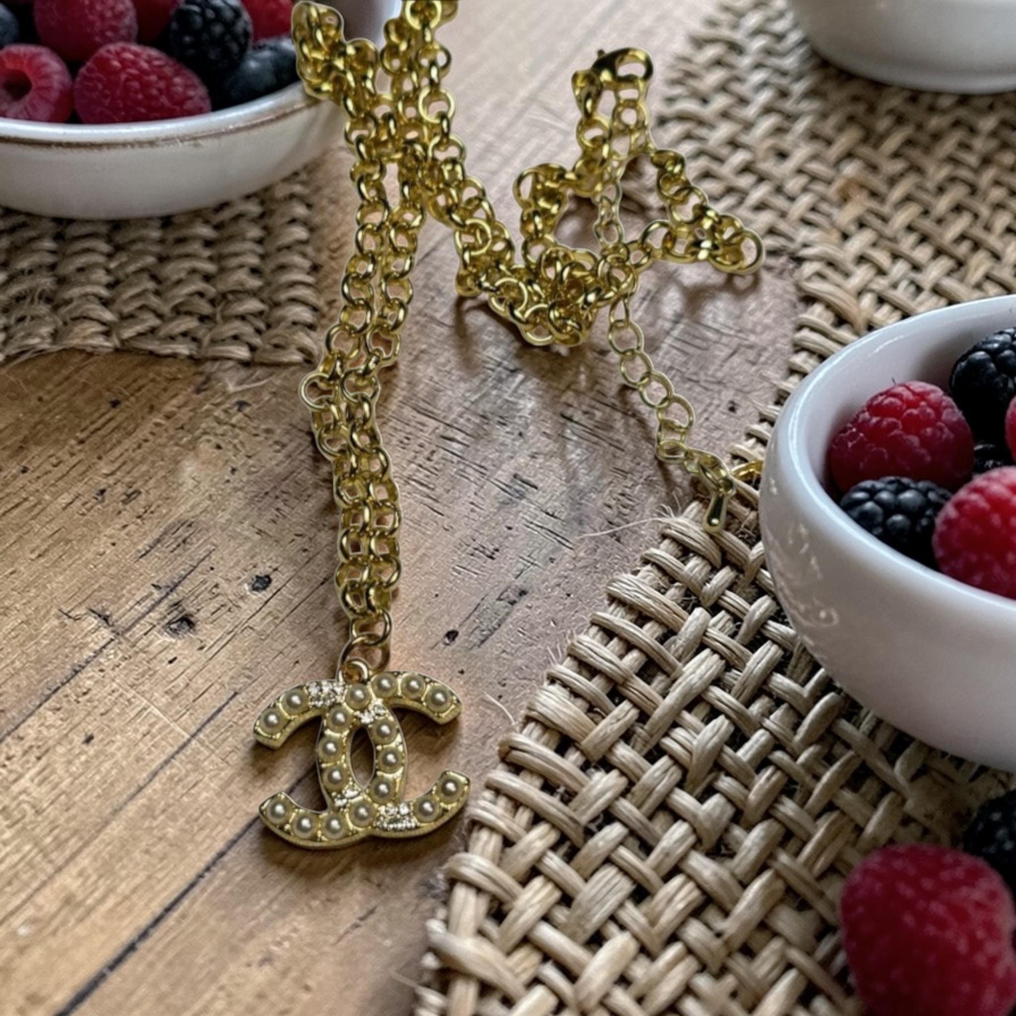 Chanel gold logo charm pendant chain necklace