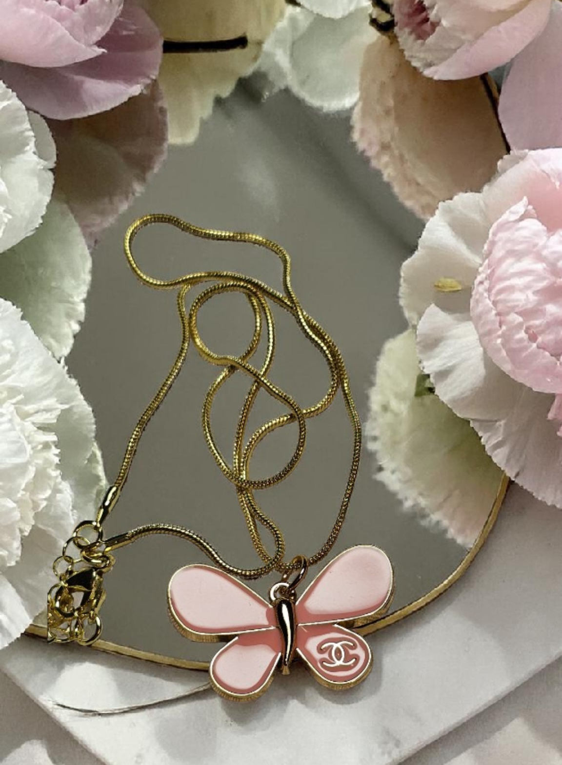 Pink Butterfly CC logo Charm Pendant Necklace