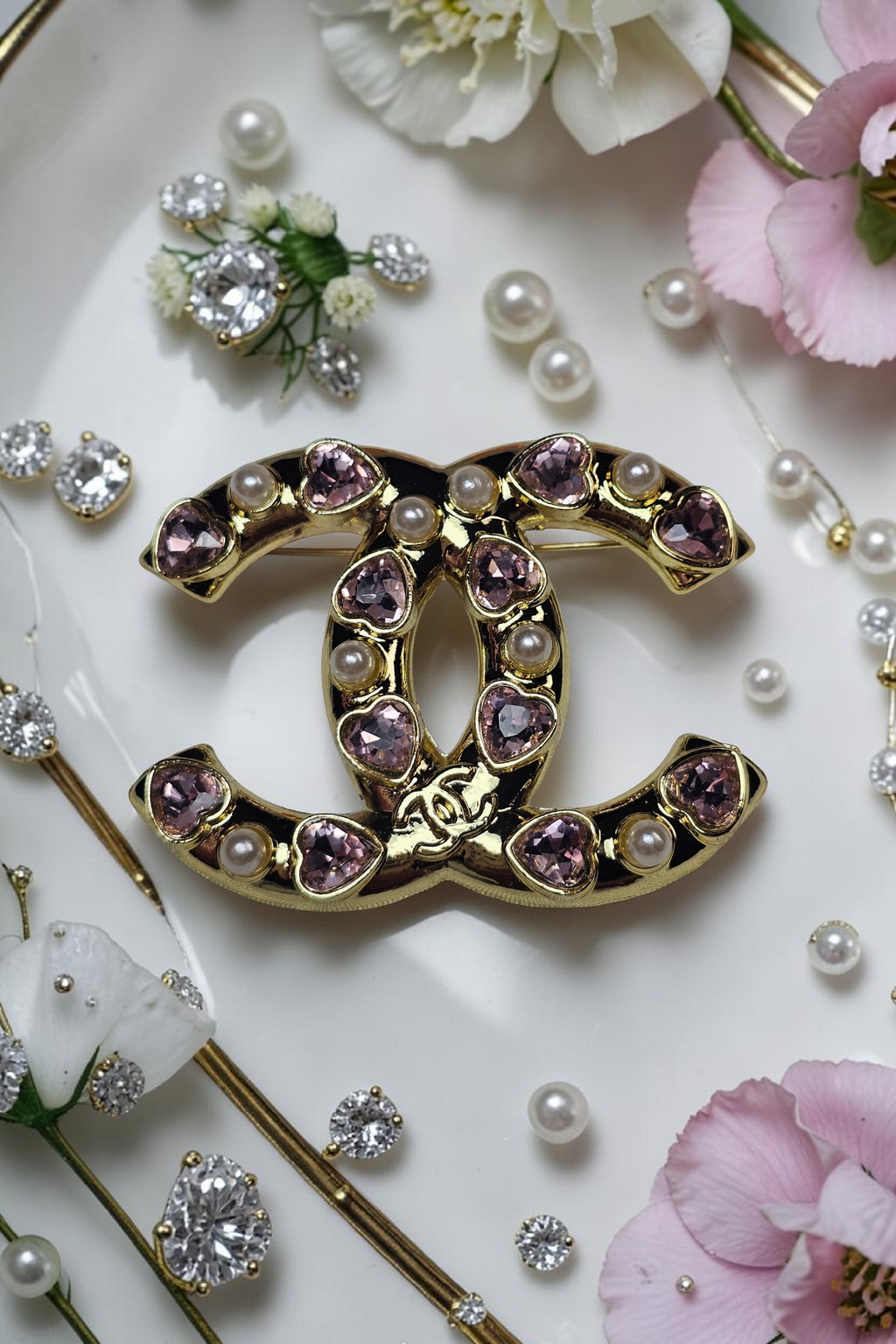 Gold & Pink Heart Charm Rhinestone Brooch