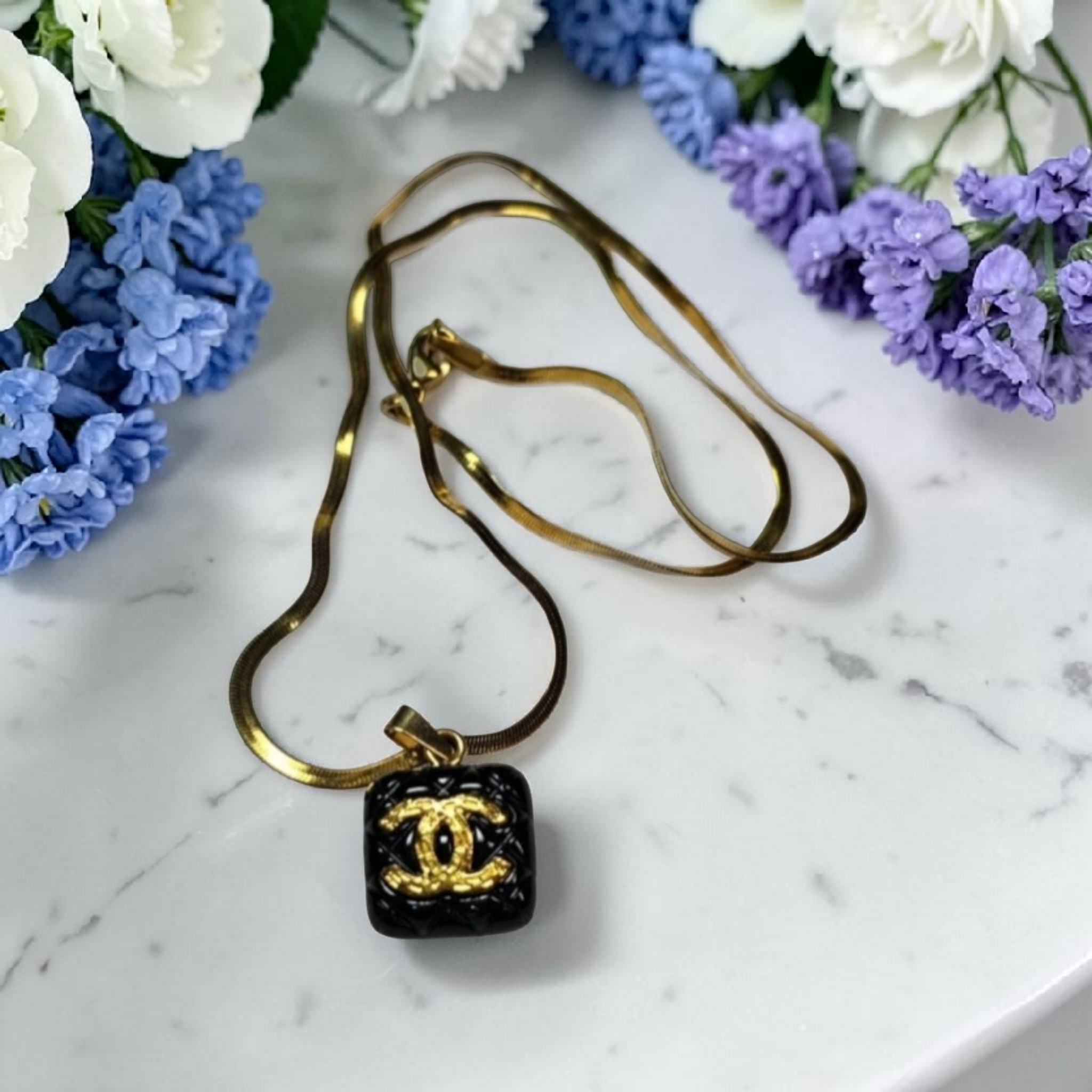 CC Logo Charm Pendant Necklace Black Enamel Square