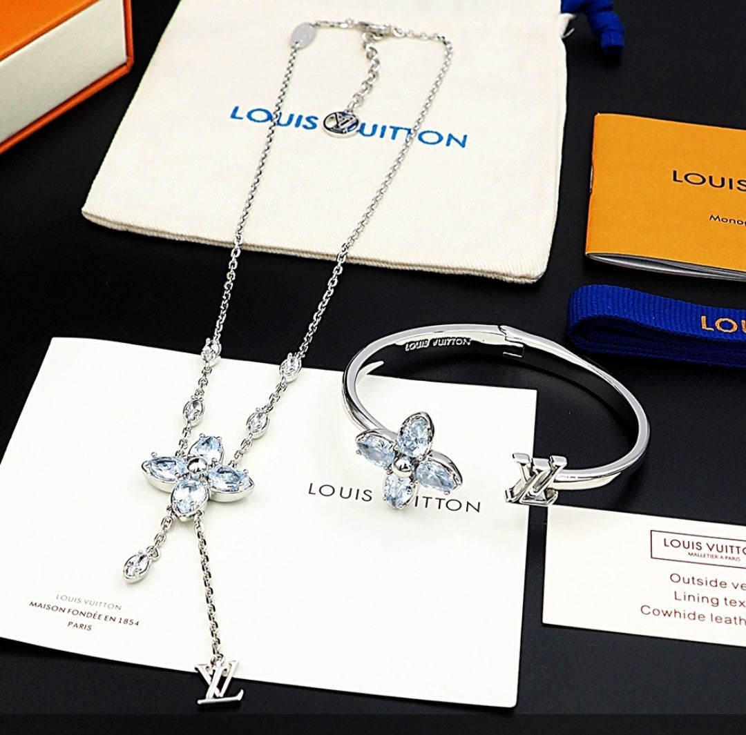 Silver and Gemstone Necklace and Cuff Bracelet Set