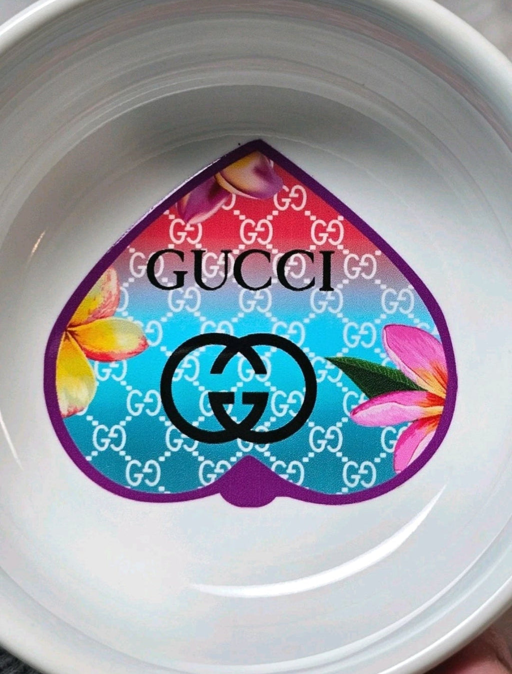 Custom designed Gucci Logo mini bowl White with Gucci multicolor floral Heart graphic