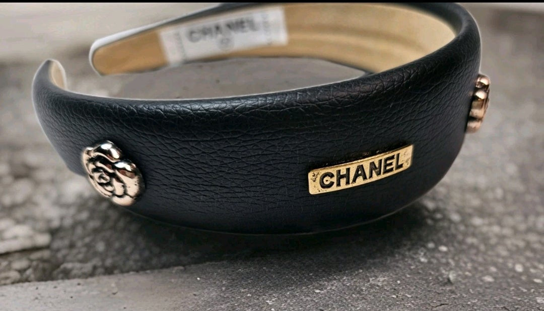 CC Camellia Charm Black Genuine Leather Headband