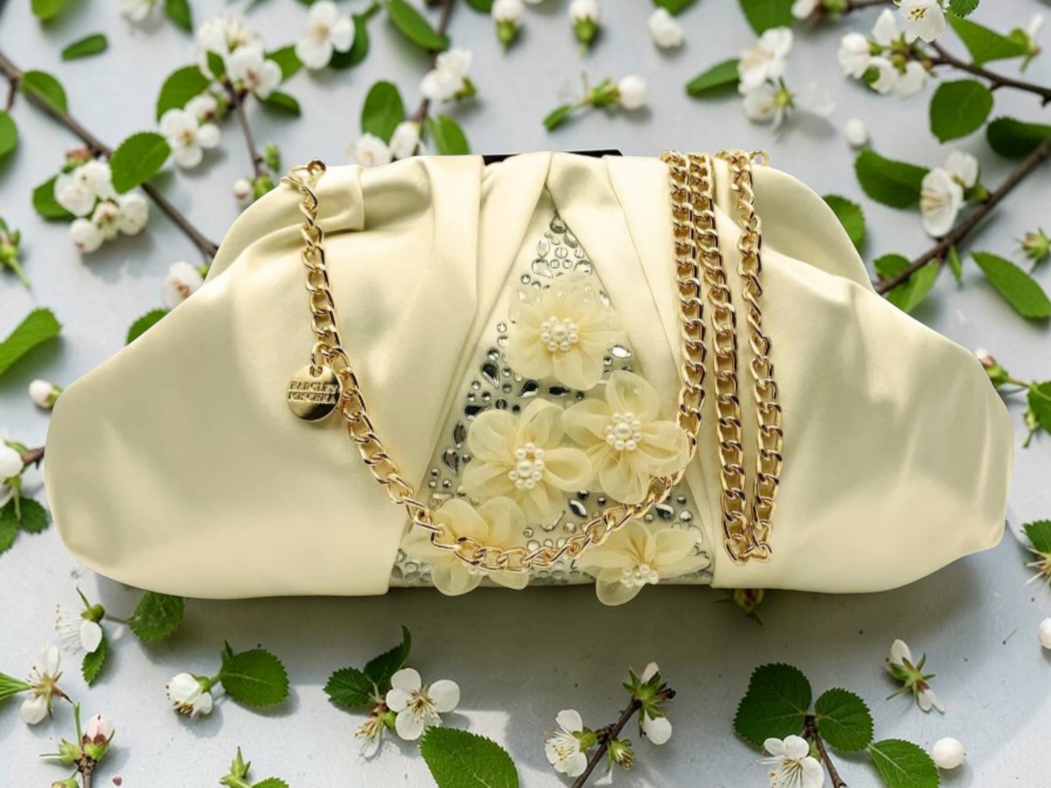 Badgley Mischka White Satin Floral Embellished Clutch Crossbody NWT