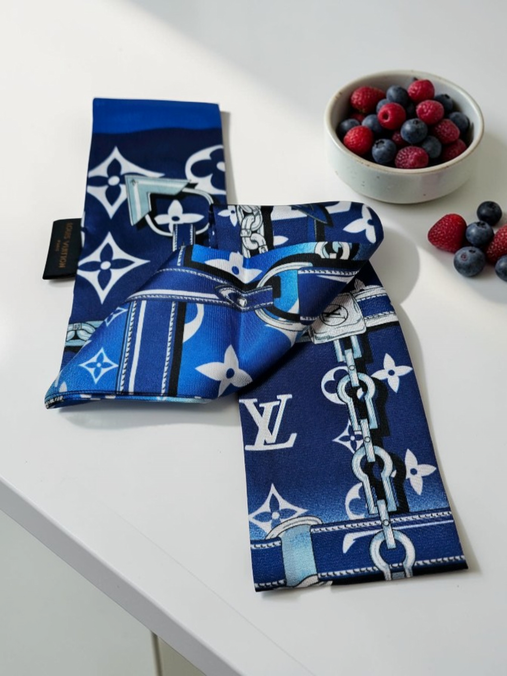 Louis Logo Bag scarf Hair Accessory Tagged 100% Silk Blue
