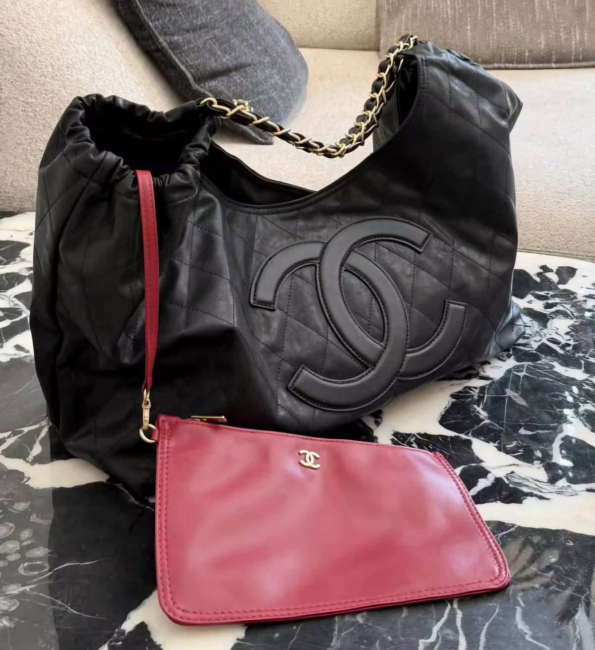 Jet Black C Logo XL Tote Bag w/ Red Pouch