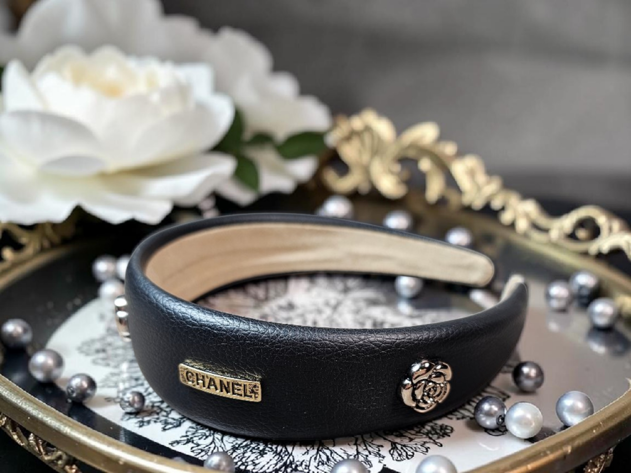 Camellia Charm Black  Leather Headband Summer
