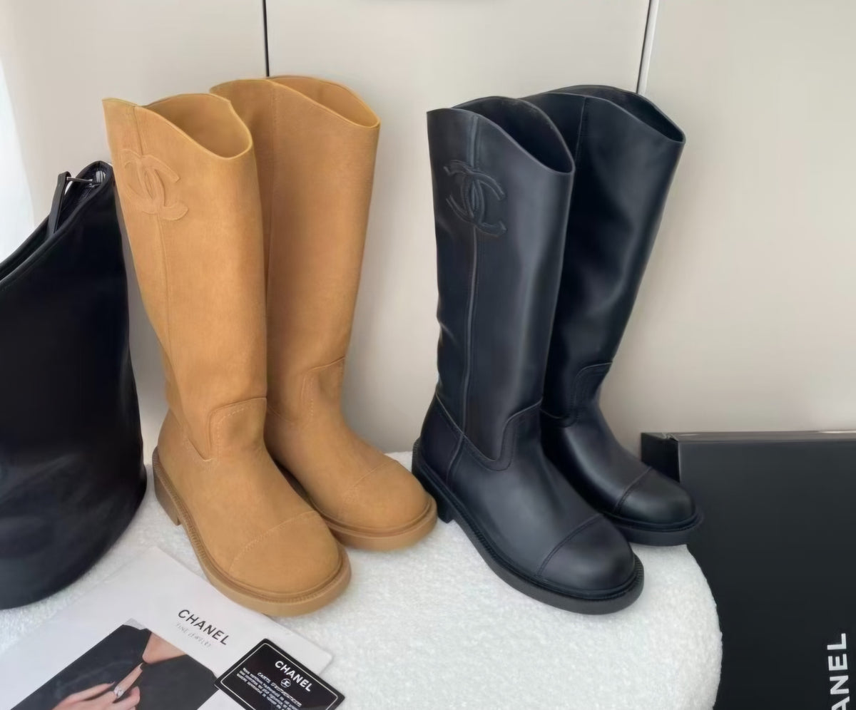 C Logo Low Heel Tall Boots