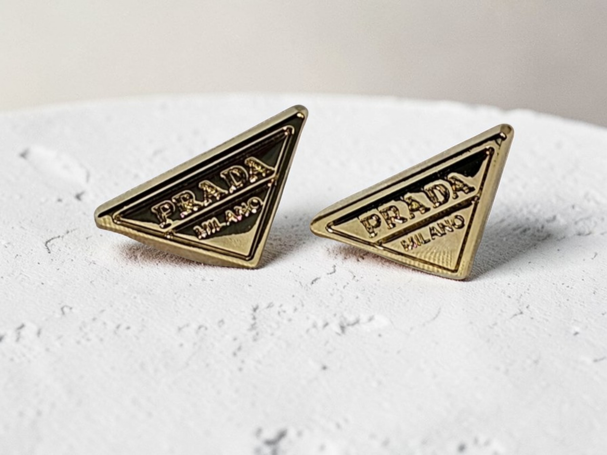 Gold Prada Triangle Charm Logo Stud Earrings