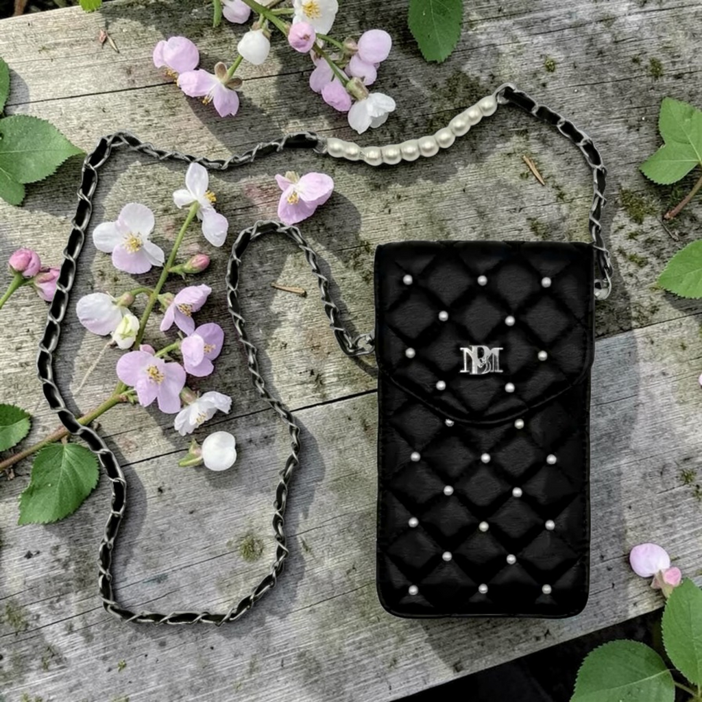 Badgley Mischka Black Vegan Leather w/ Pearls Crossbody Phone Case NWT