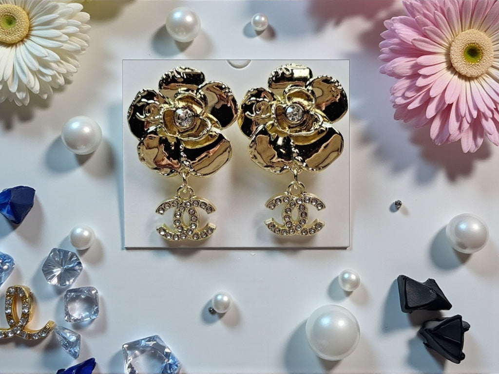 Gold plated Statement CC Logo Dangle Pierced Earrings