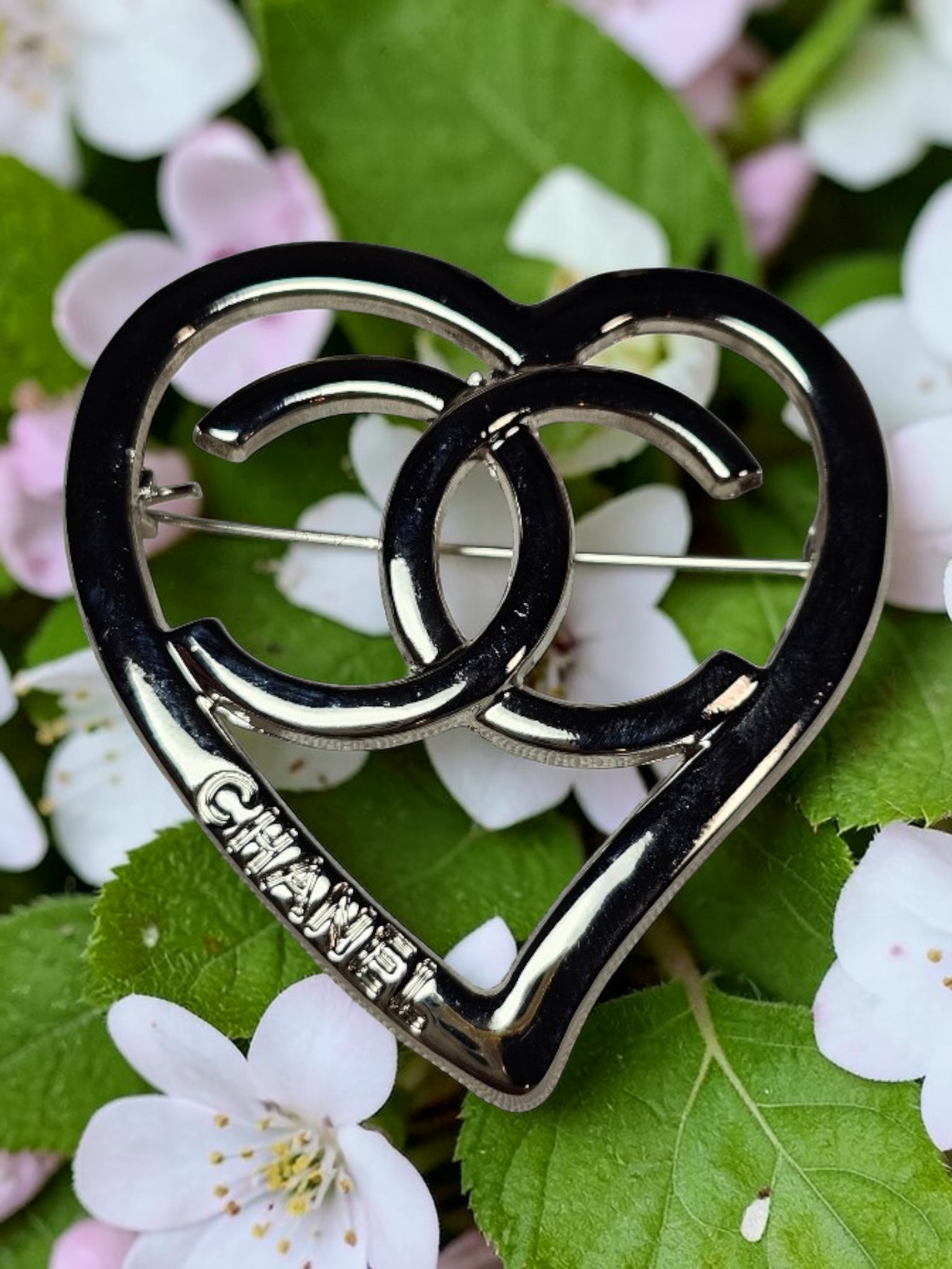 Silver Chanel logo charm pin Brooch