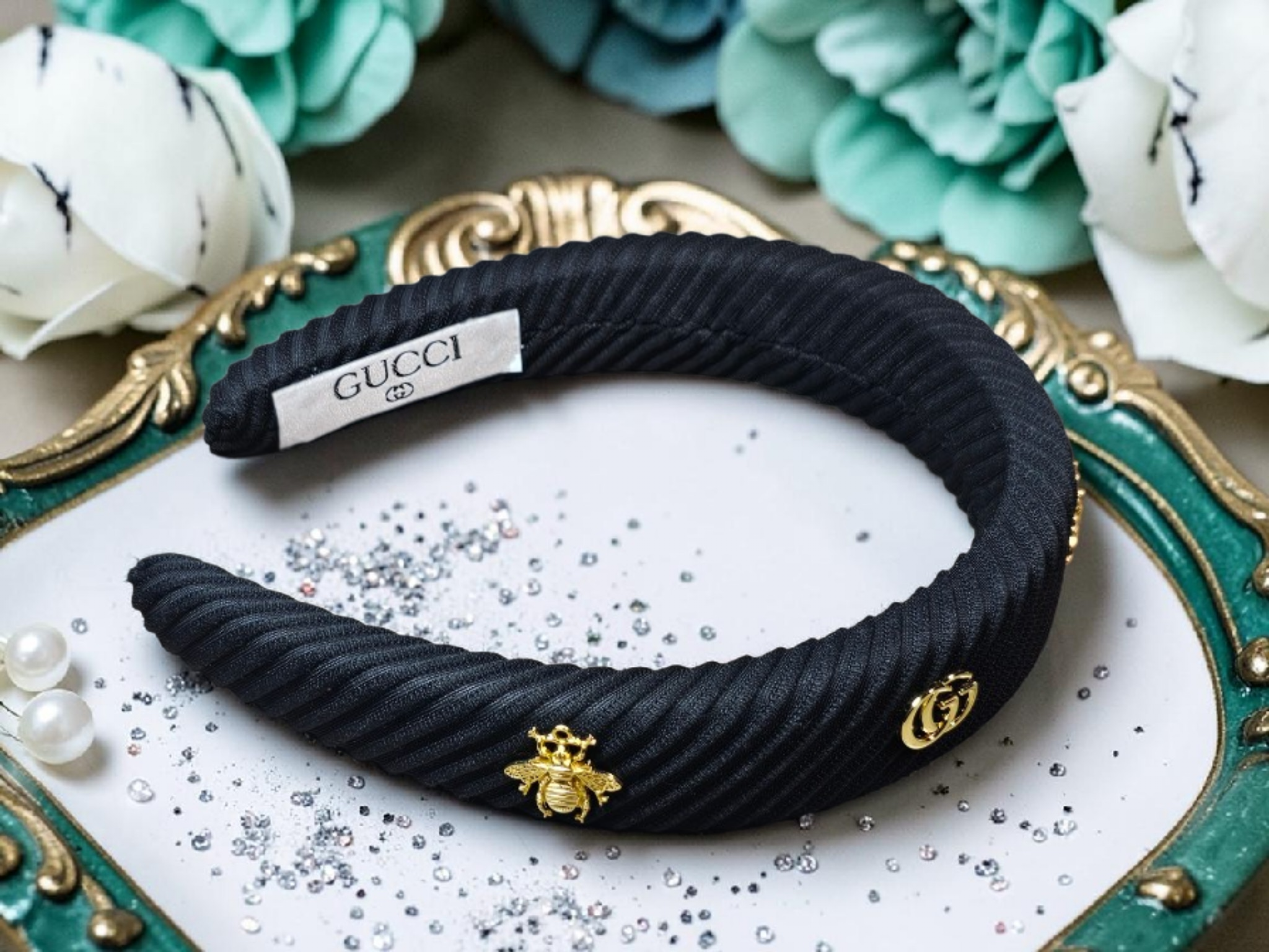 GG Logo Bee Headband Black Corduroy with Charms