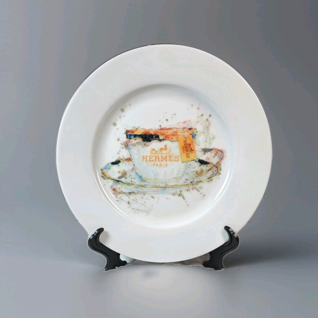 Custom Hermès Inspired Hand-Painted Plate with display stand