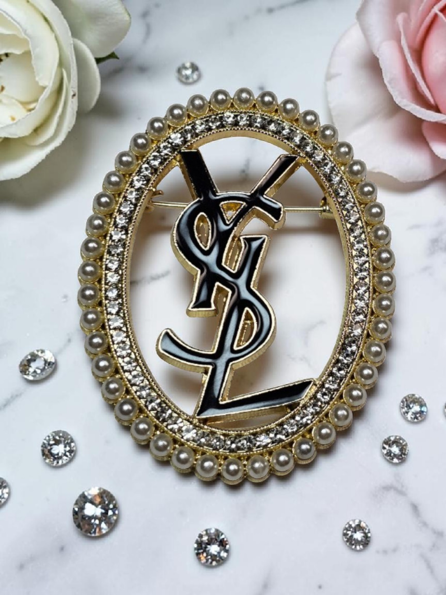 Gold and Black Logo Charm Brooch