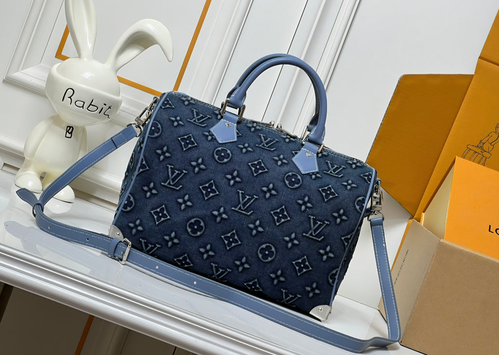 L Logo Deep Blue Denim Barrel Bag