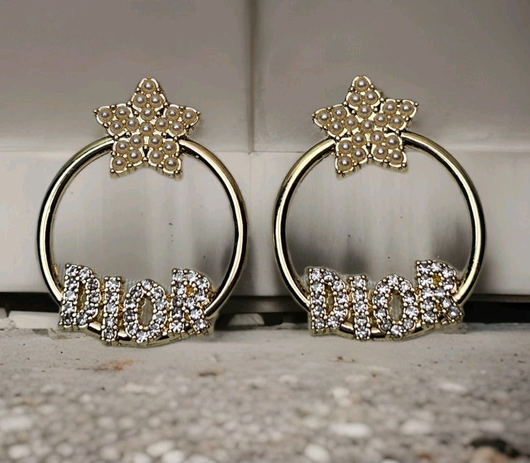 Dior Gold Statement Charm Hoops w/ Pearl Star Accents