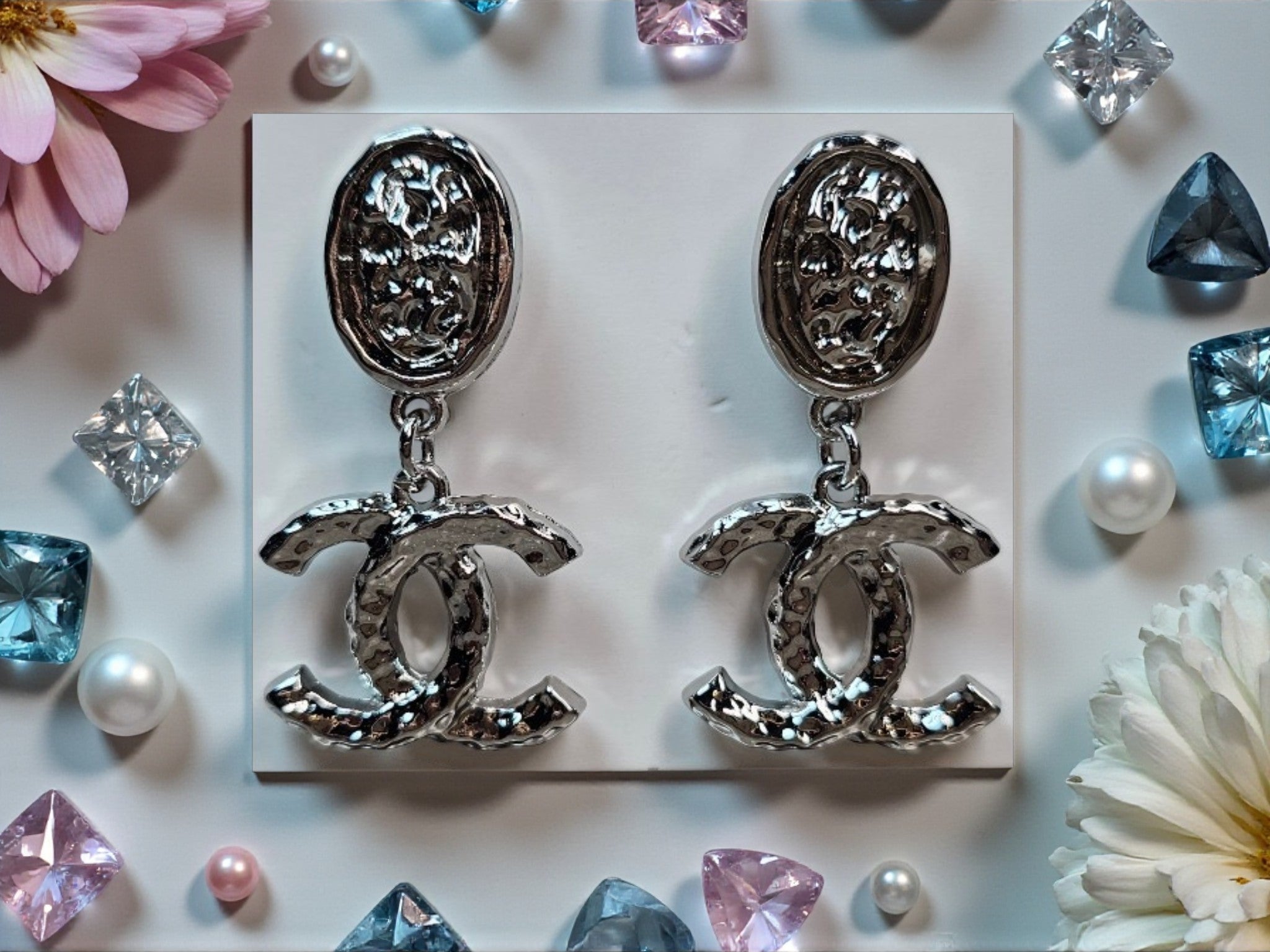 White Gold plated CC Dangle Statement Pierced Studs