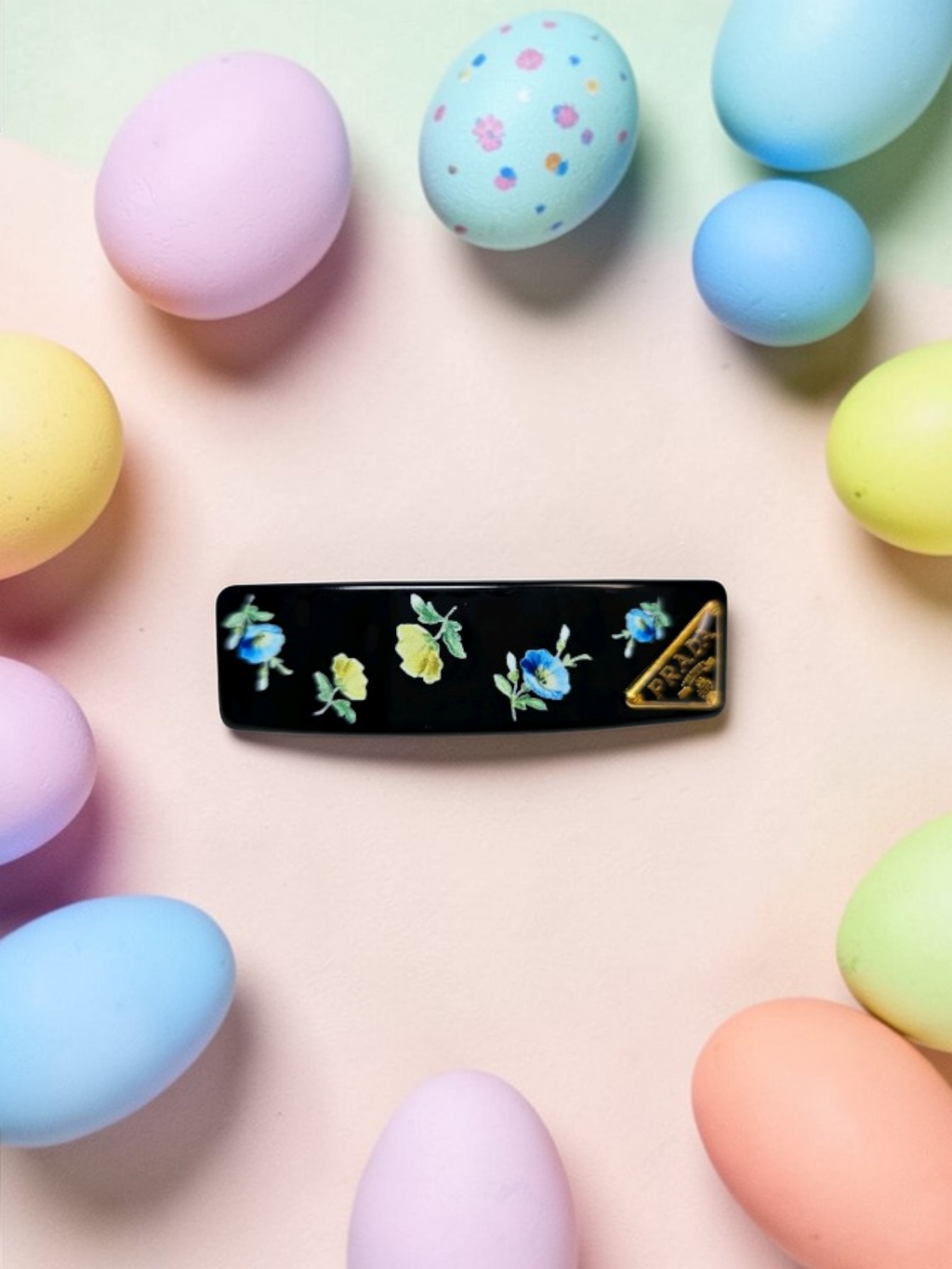 Prada Black Floral and Gold Logo Charm Barrette/ Hair Clip Black Floral