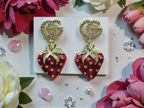 18K gold plated GG Logo Strawberry Dangle Pierced Earrings