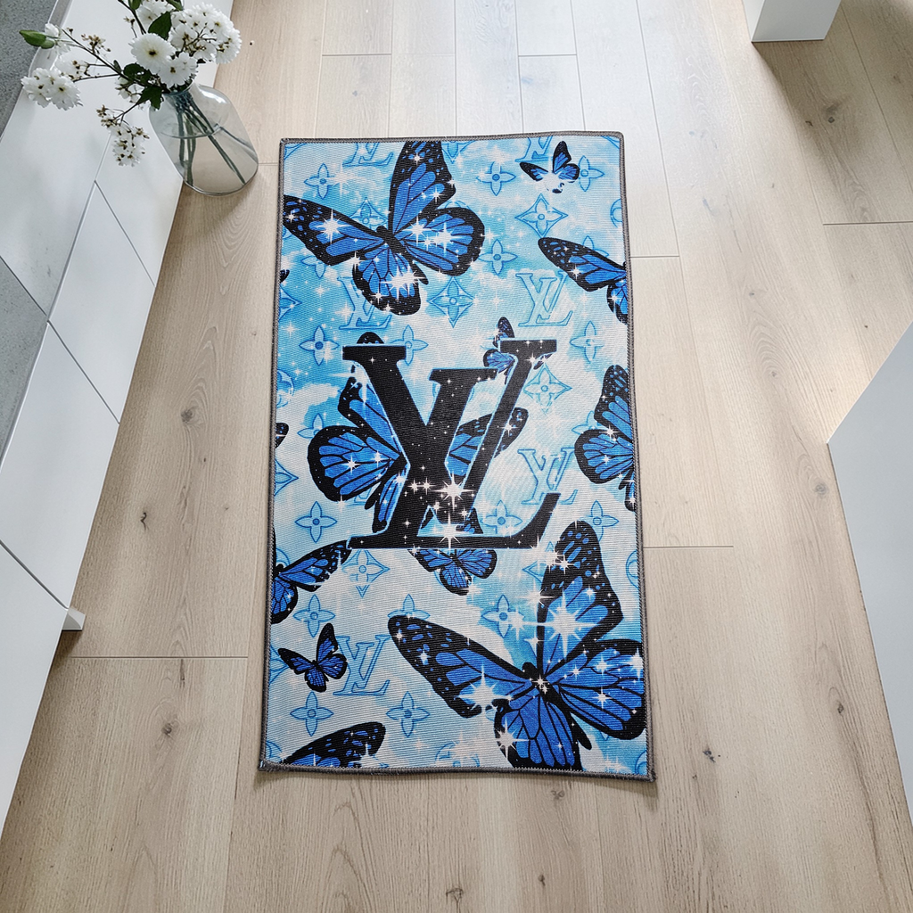 Custom Louis Vuitton Logo Blue Butterfly Monogram Floor rug