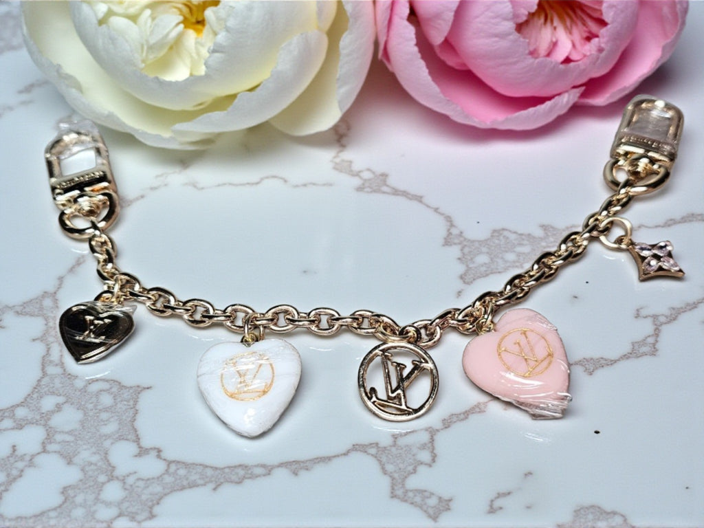 LV Logo Bag Chain Pink and Gold Hearts