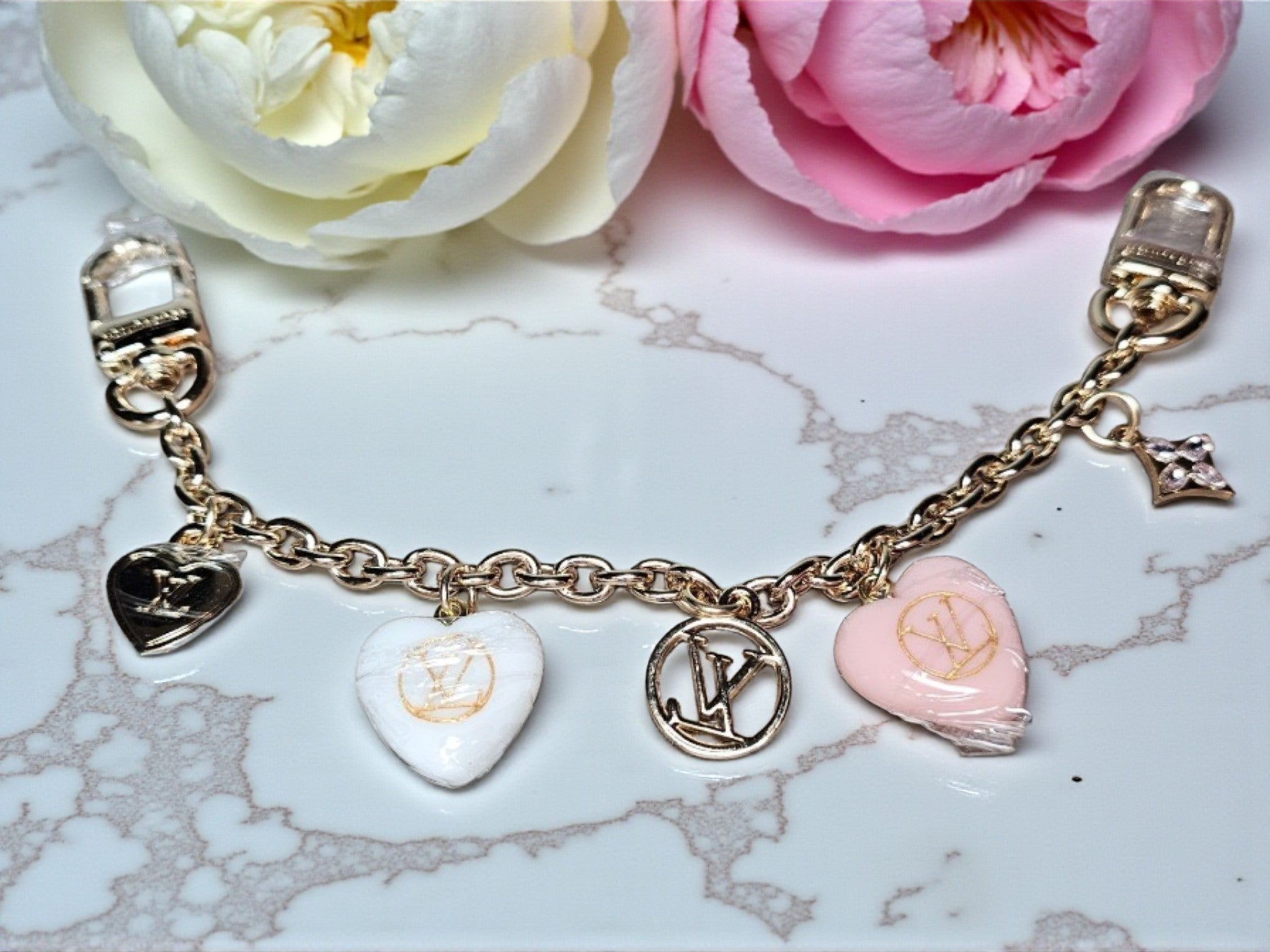 LV Logo Bag Chain Pink and Gold Hearts