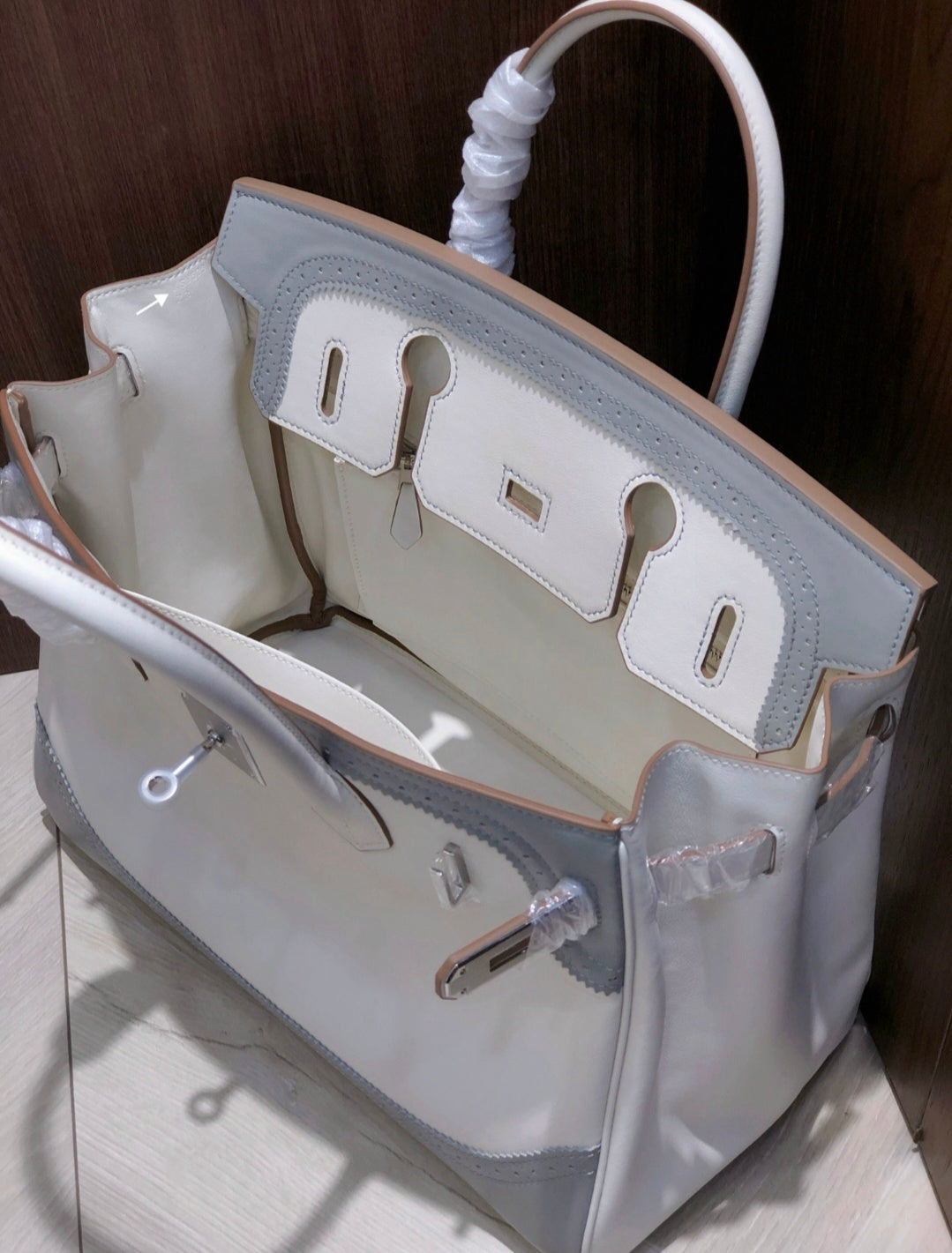 White and Dove Gray Buckle Bag