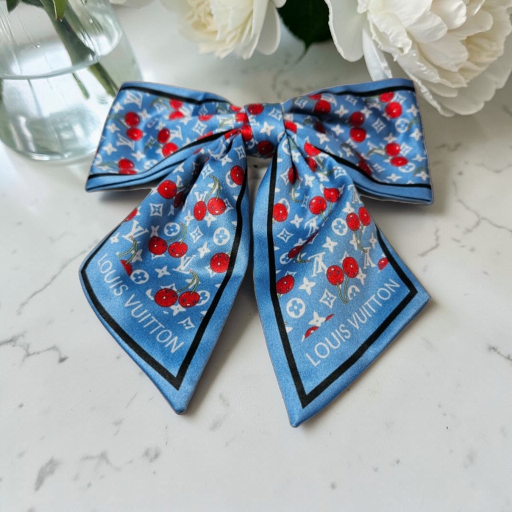 LV scarf bow Hair Clip Blue Cherry