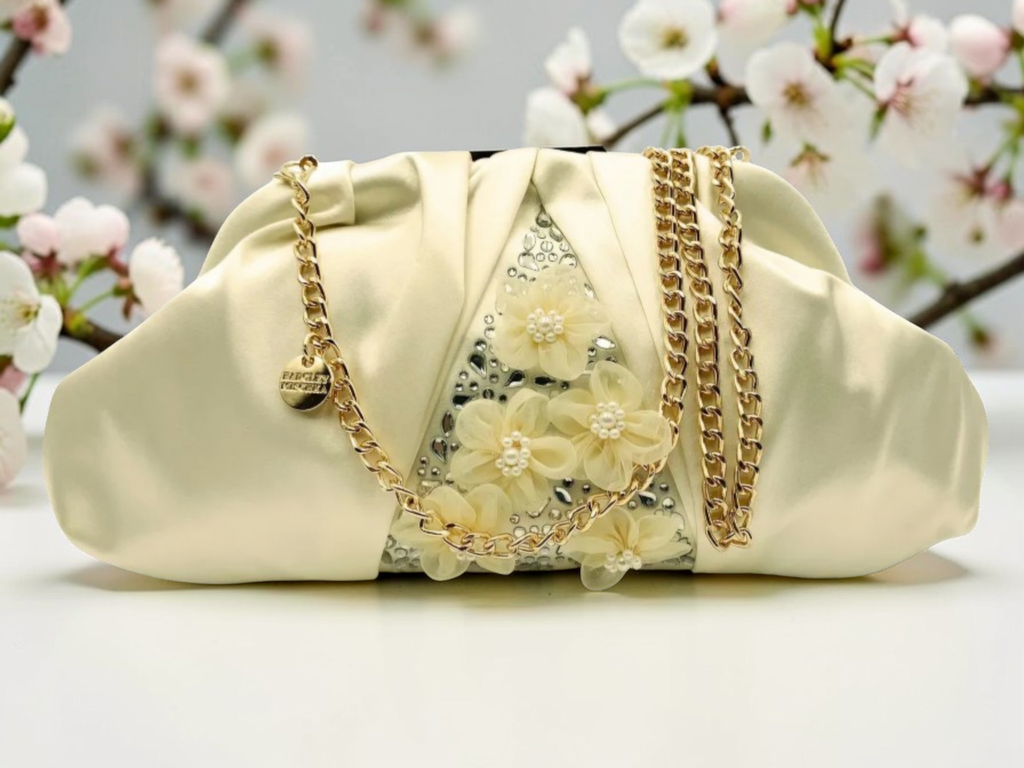 Badgley Mischka White Satin Floral Embellished Clutch Crossbody NWT