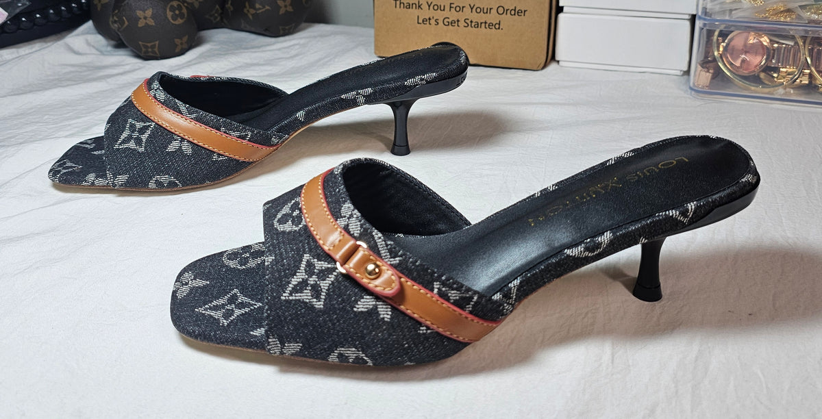 L Logo Black Denim Kitten Heels Slides