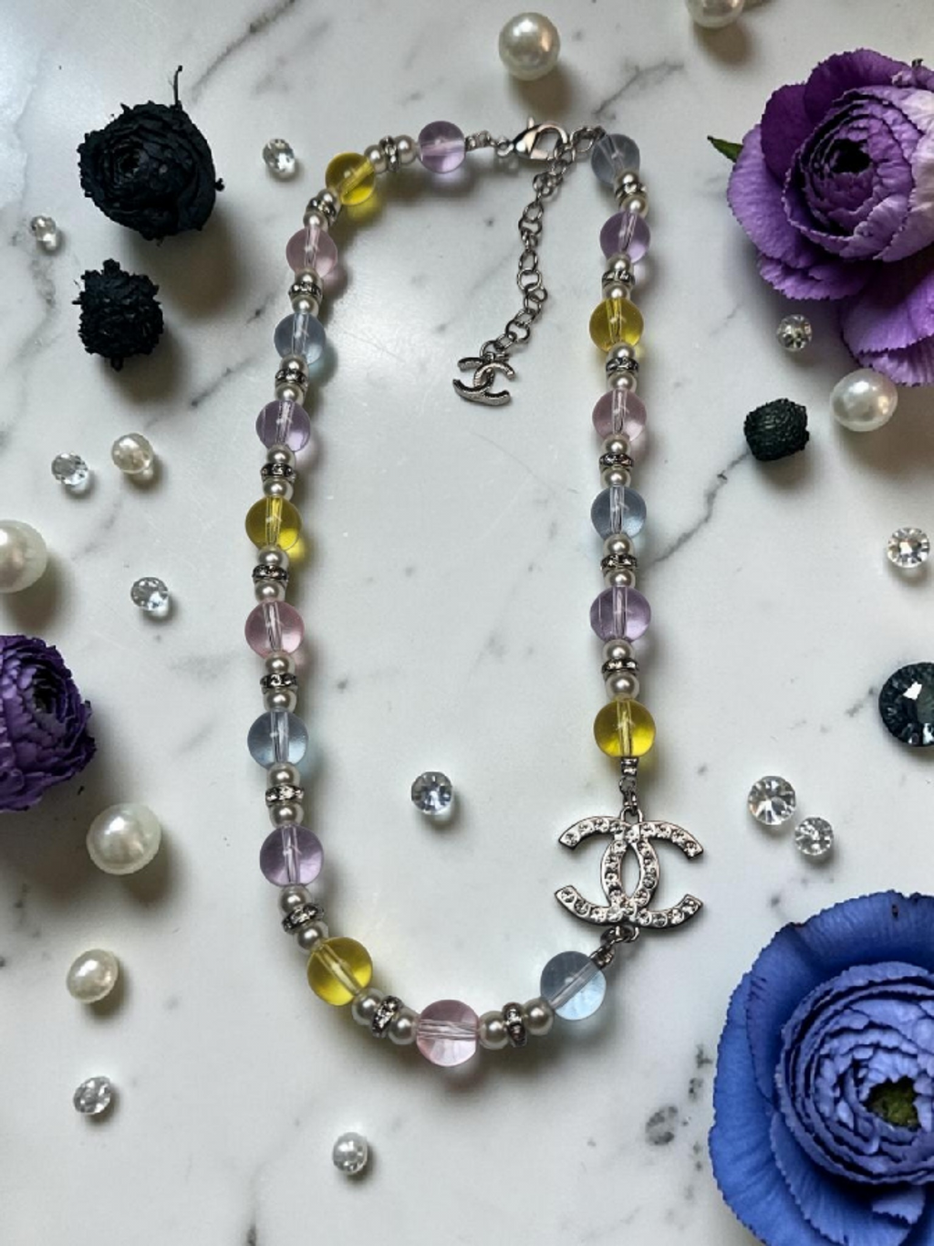 CC Logo Double Charm Multicolor Glass Bead Necklace