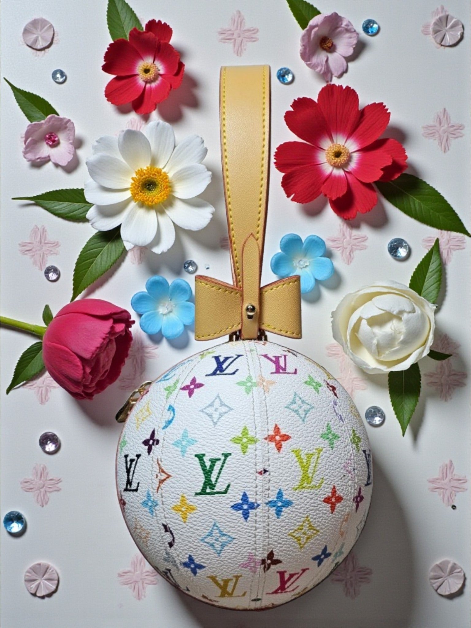 LV x White Murakami Monogram Logo Holiday Ball wristlet bag
