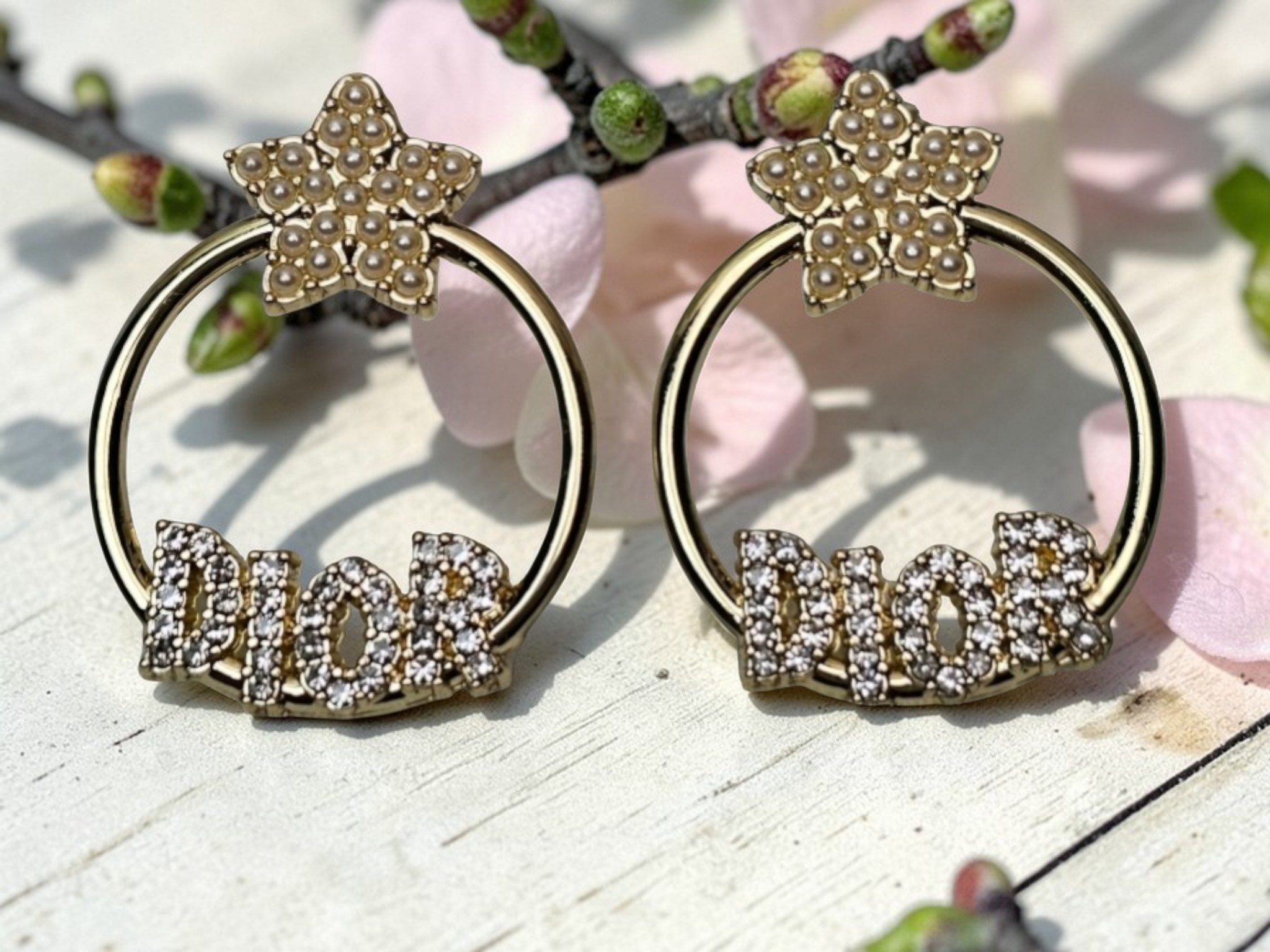 Dior Gold Statement Charm Hoops w/ Pearl Star Accents