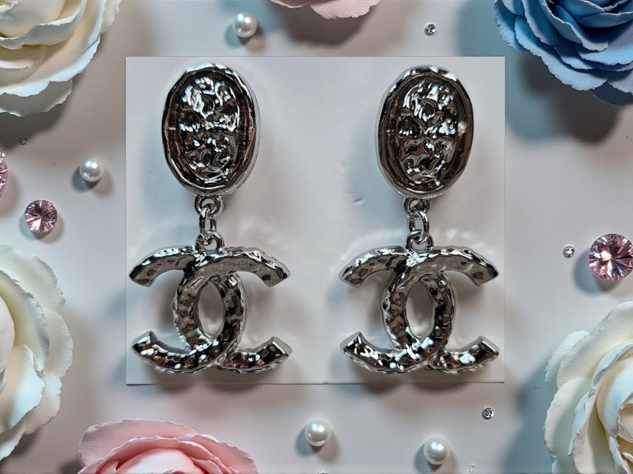 White Gold plated CC Dangle Statement Pierced Studs