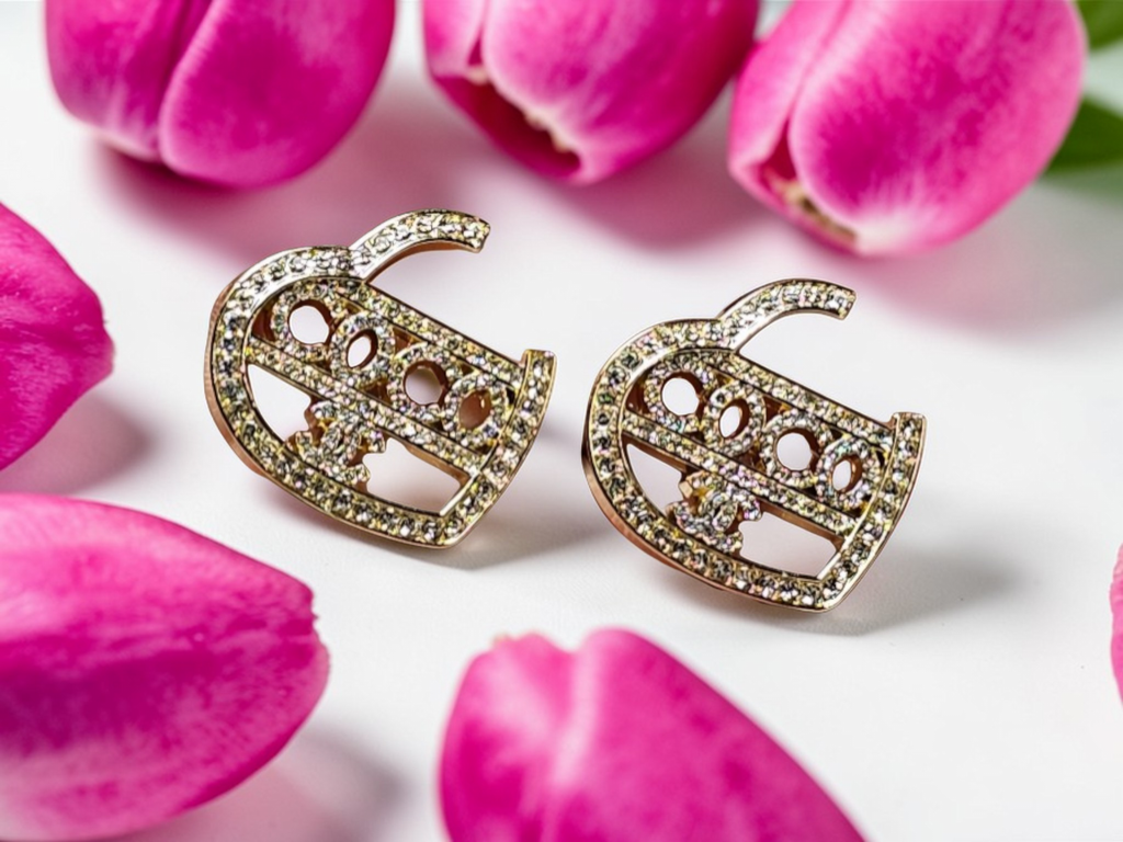 Chanel logo charm Gold Heart Stud Earrings Pierced Ears