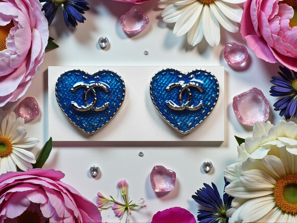 18K White Gold Plated "Denim Blue" Heart Pierced Stud Earrings